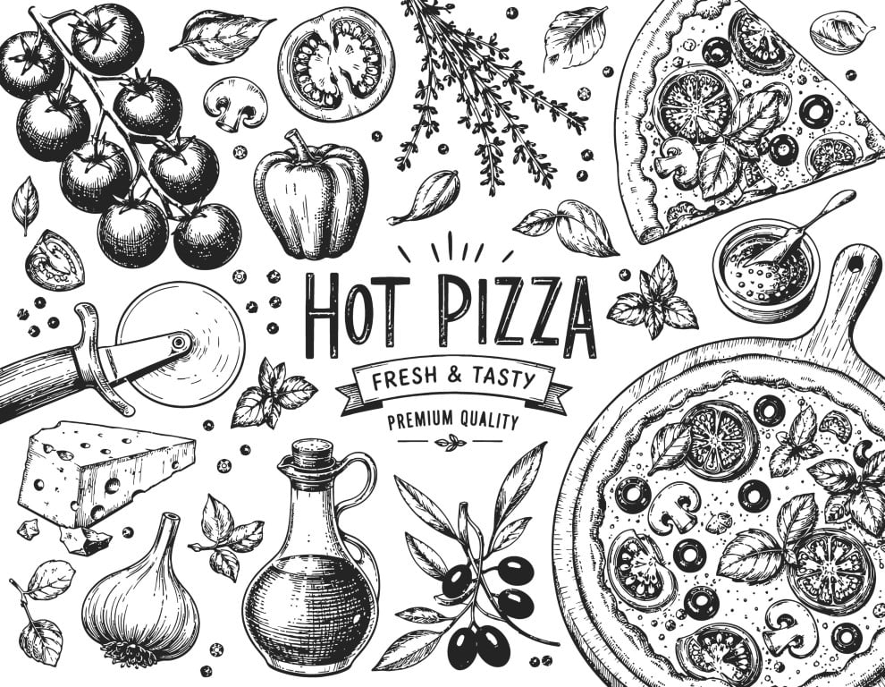 Hot pizza and fresh ingredients hand drawn sketch banner pattern.