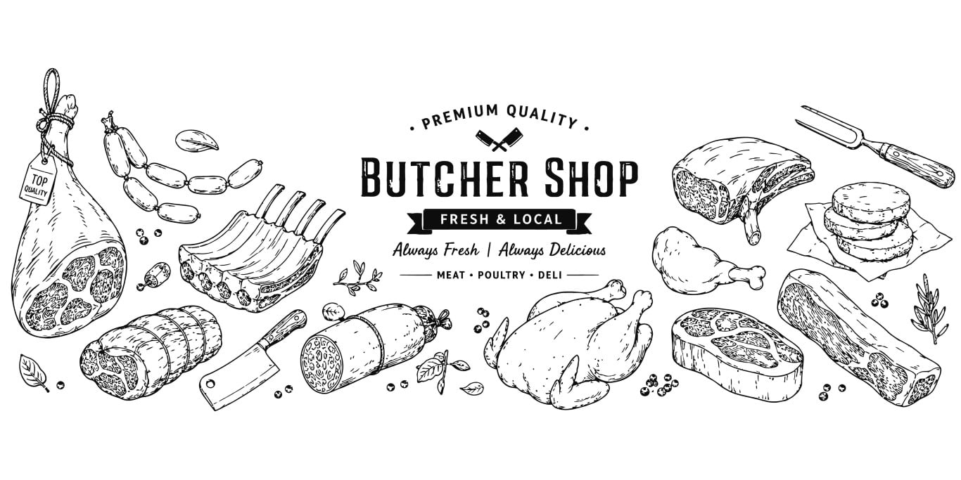 Premium quality butcher shop banner with assortments of fresh meat products.