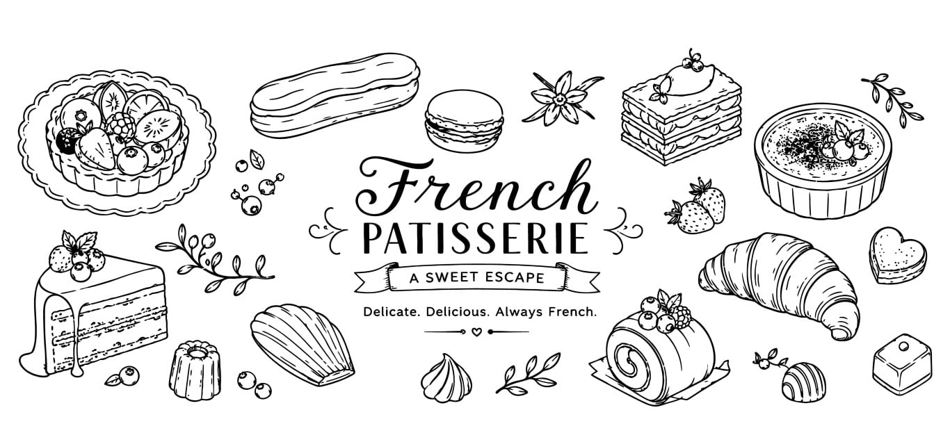 French patisserie desserts with elegant sweet pastries cakes and fresh bakery items.