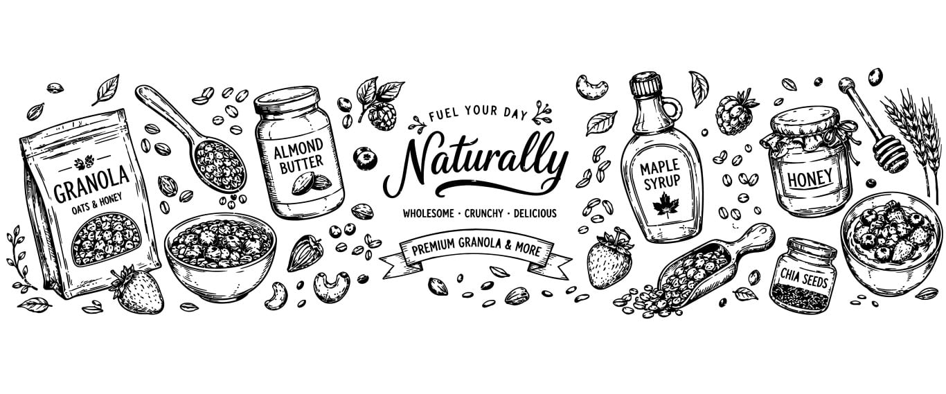 Hand drawn granola and healthy breakfast ingredients seamless banner pattern.