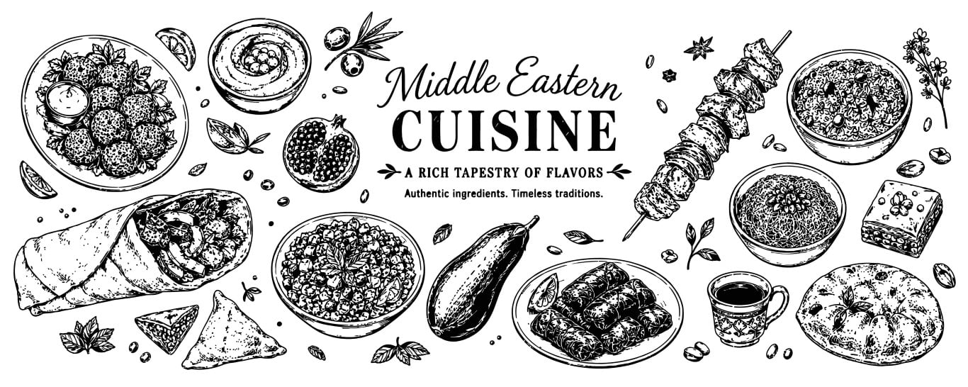 Middle Eastern cuisine hand drawn sketch food banner with traditional dishes.