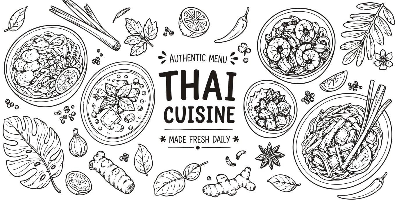 Traditional Thai cuisine menu with various authentic Asian dishes and fresh ingredients.