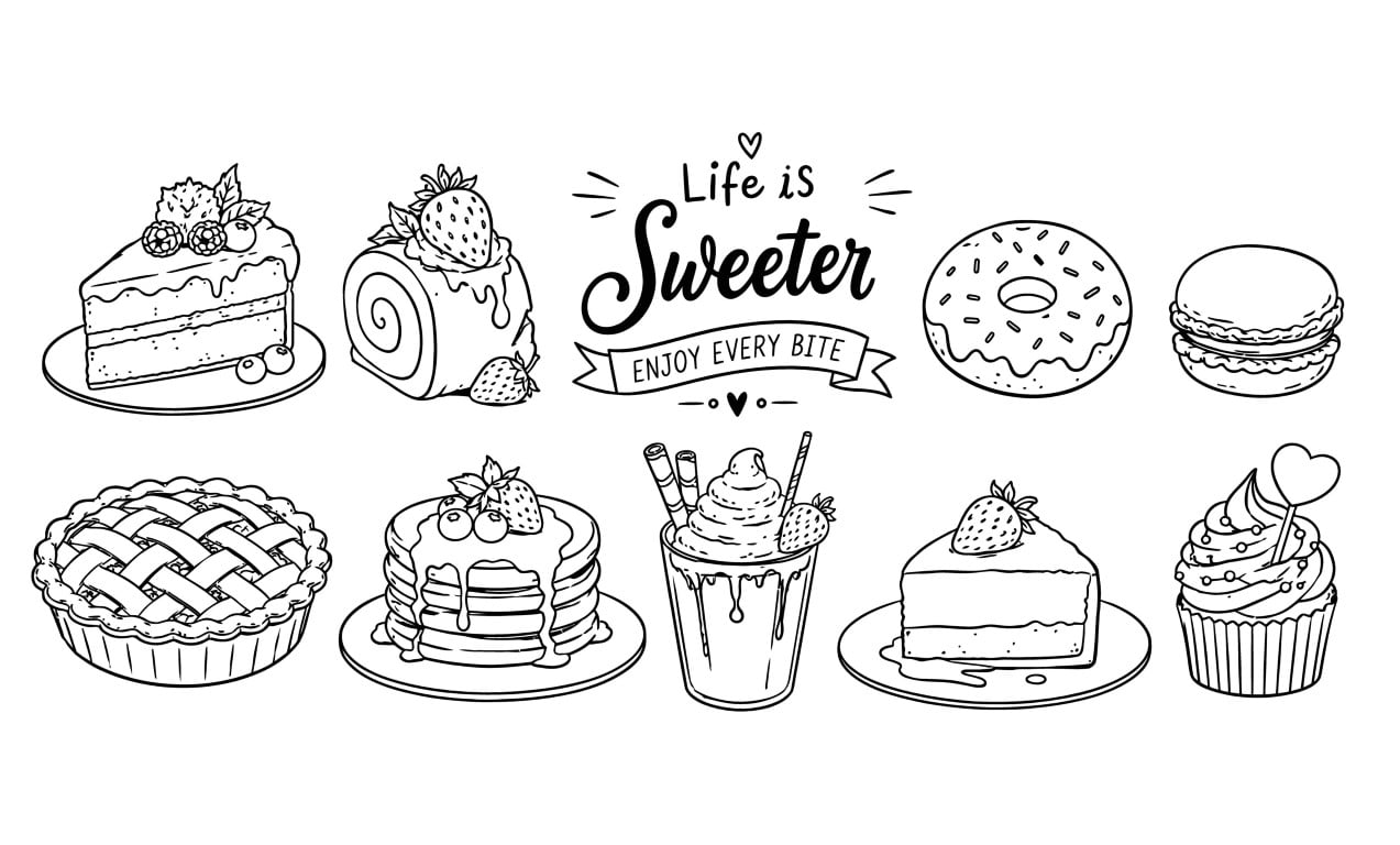 Delicious assorted bakery sweets and dessert collection with slice of cake donut roll and pie.