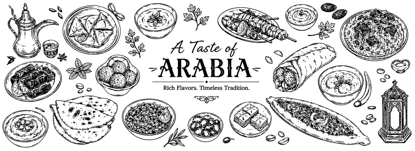 Traditional arabian cuisine traditional middle eastern food collection in hand drawn sketch style.