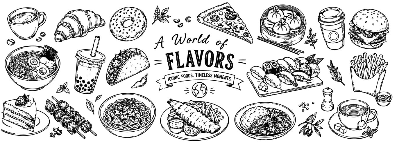 Worldwide popular fast food and traditional international dishes hand drawn illustration.