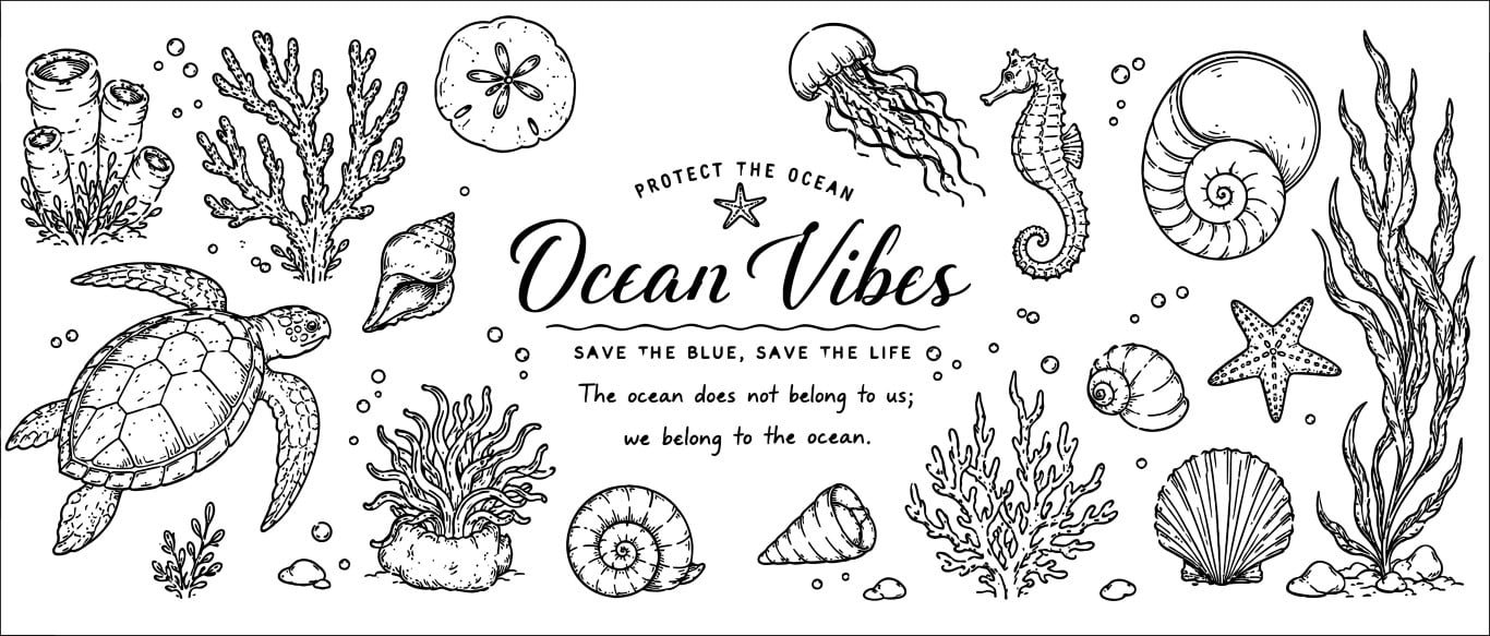 Marine life and ocean protection hand drawn underwater organisms collection.