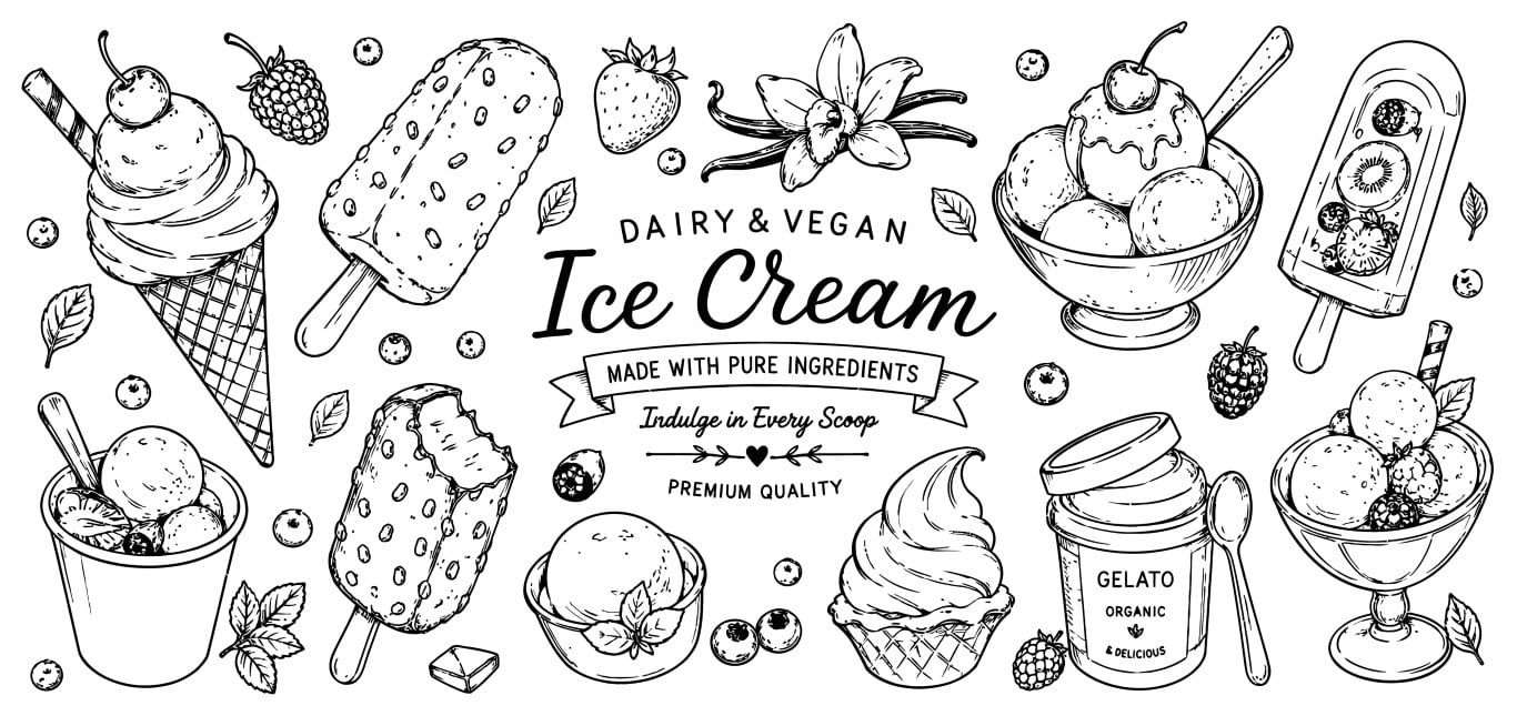 Dairy and vegan ice cream sweet summer frozen desserts collection.