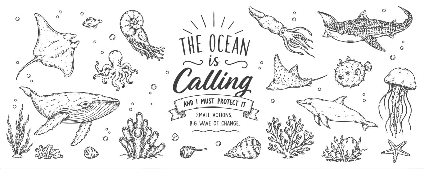 Wild ocean life and deep water animals protection line art set.