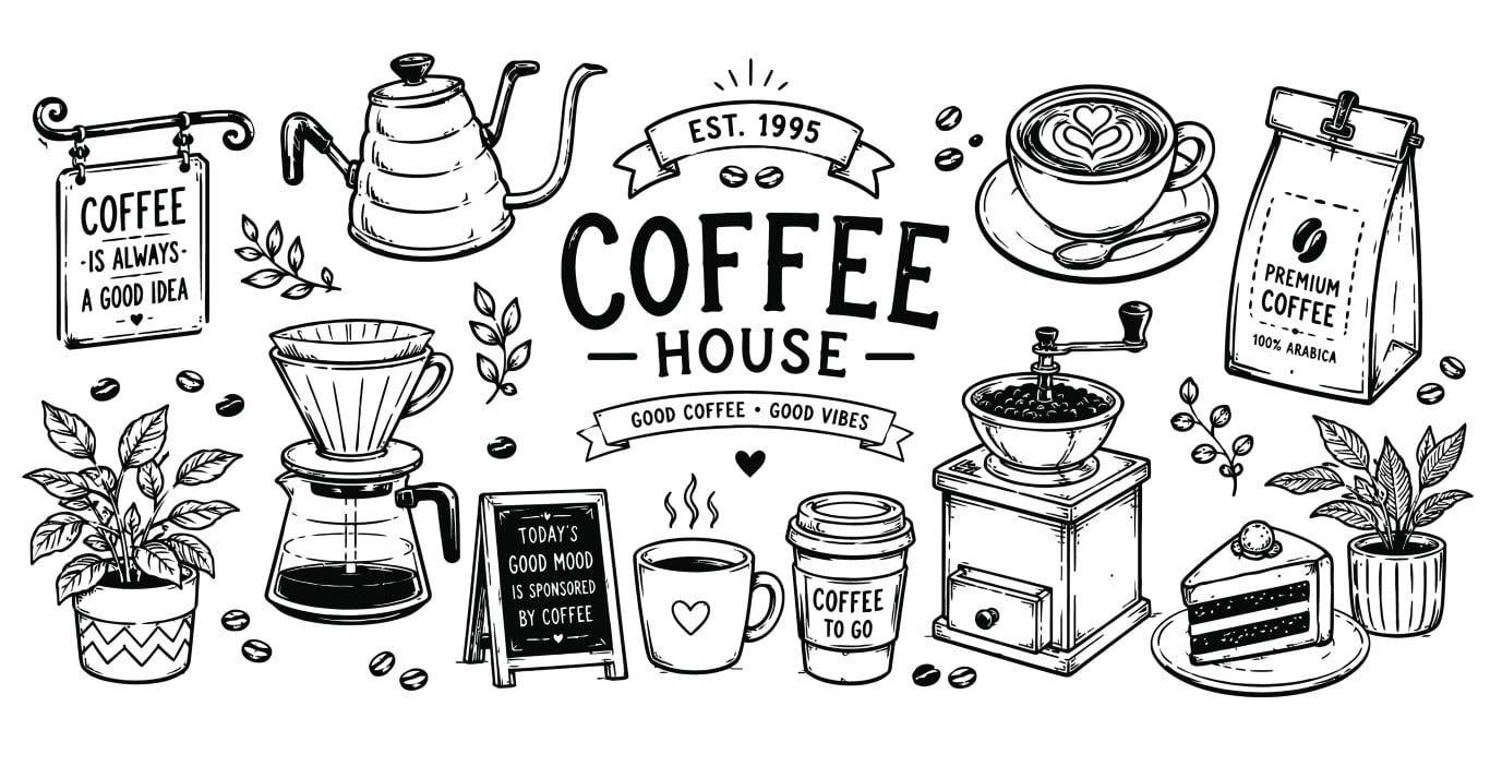 Aromatic Coffee Making Equipment and Cozy Cafe Items.