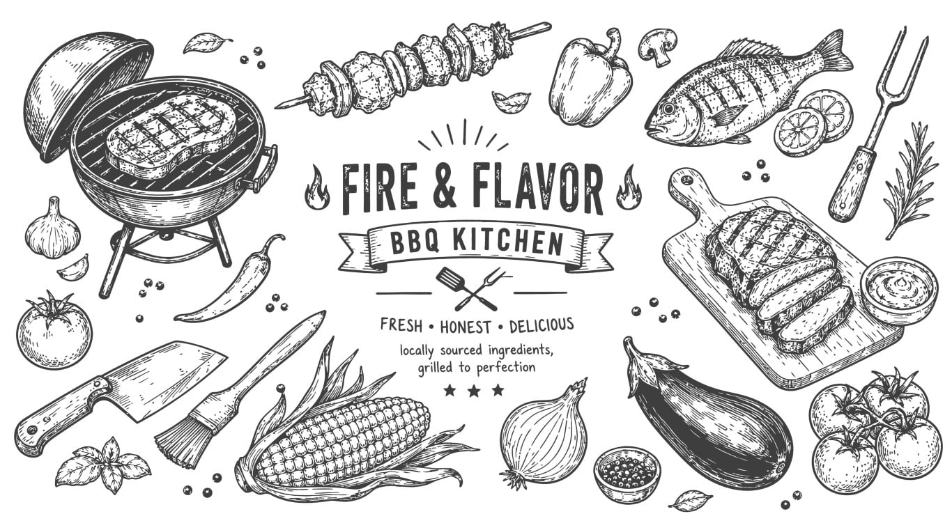 Fire and flavor barbecue kitchen elements with grilled meat and fish.