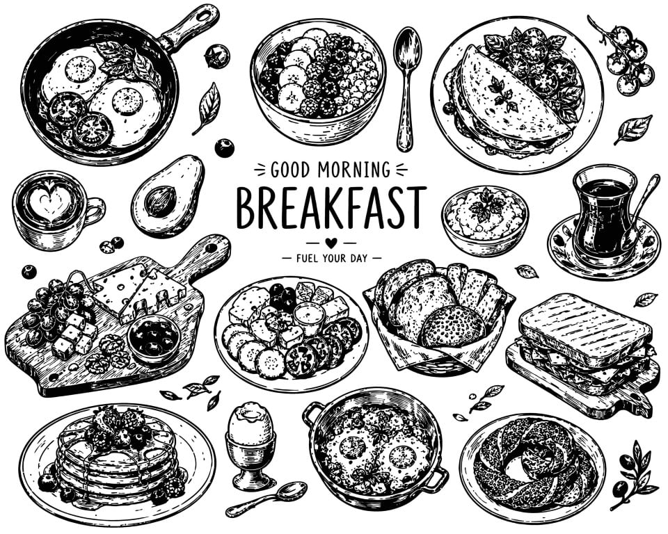 Healthy breakfast table with various tasty dishes.