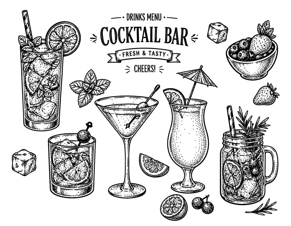 Refreshing cocktails and drinks collection for bar menu.