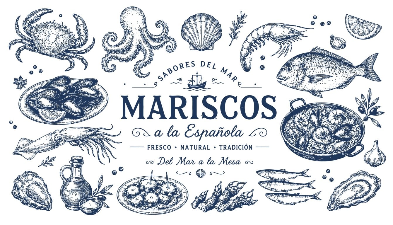 Traditional Spanish seafood cuisine collection with fresh ingredients.