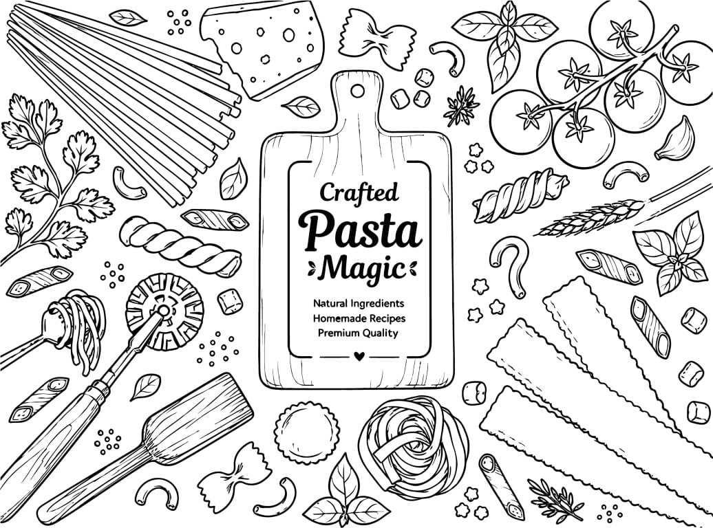 Homemade pasta cooking ingredients and kitchen tools.