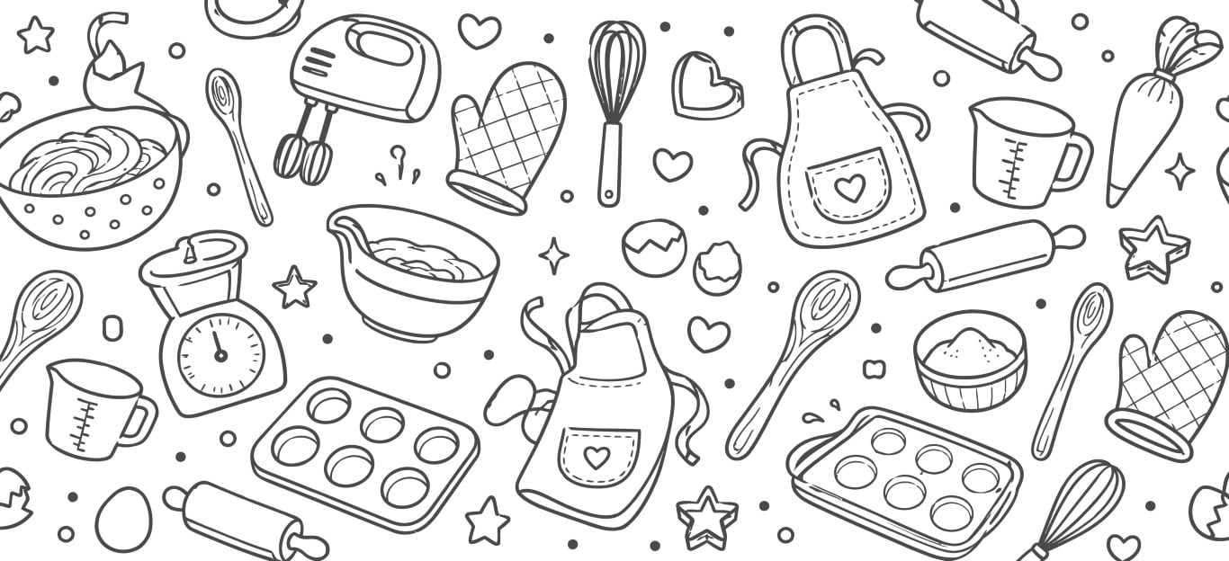 Seamless pattern with cute baking and kitchen tools.