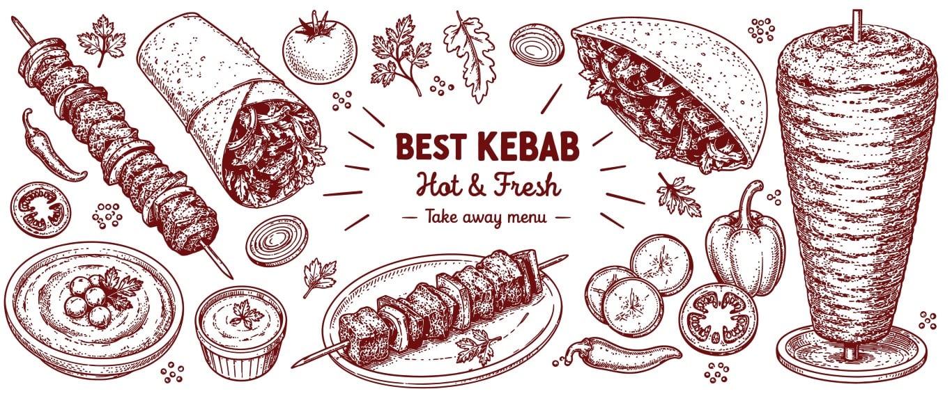 Traditional kebab and doner takeaway restaurant menu collection.