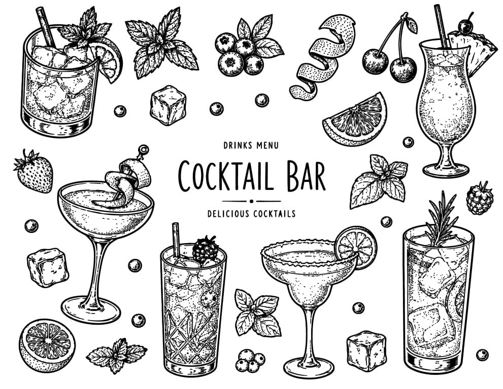 Delicious cocktails menu background for classic cocktail bar with fresh fruits.