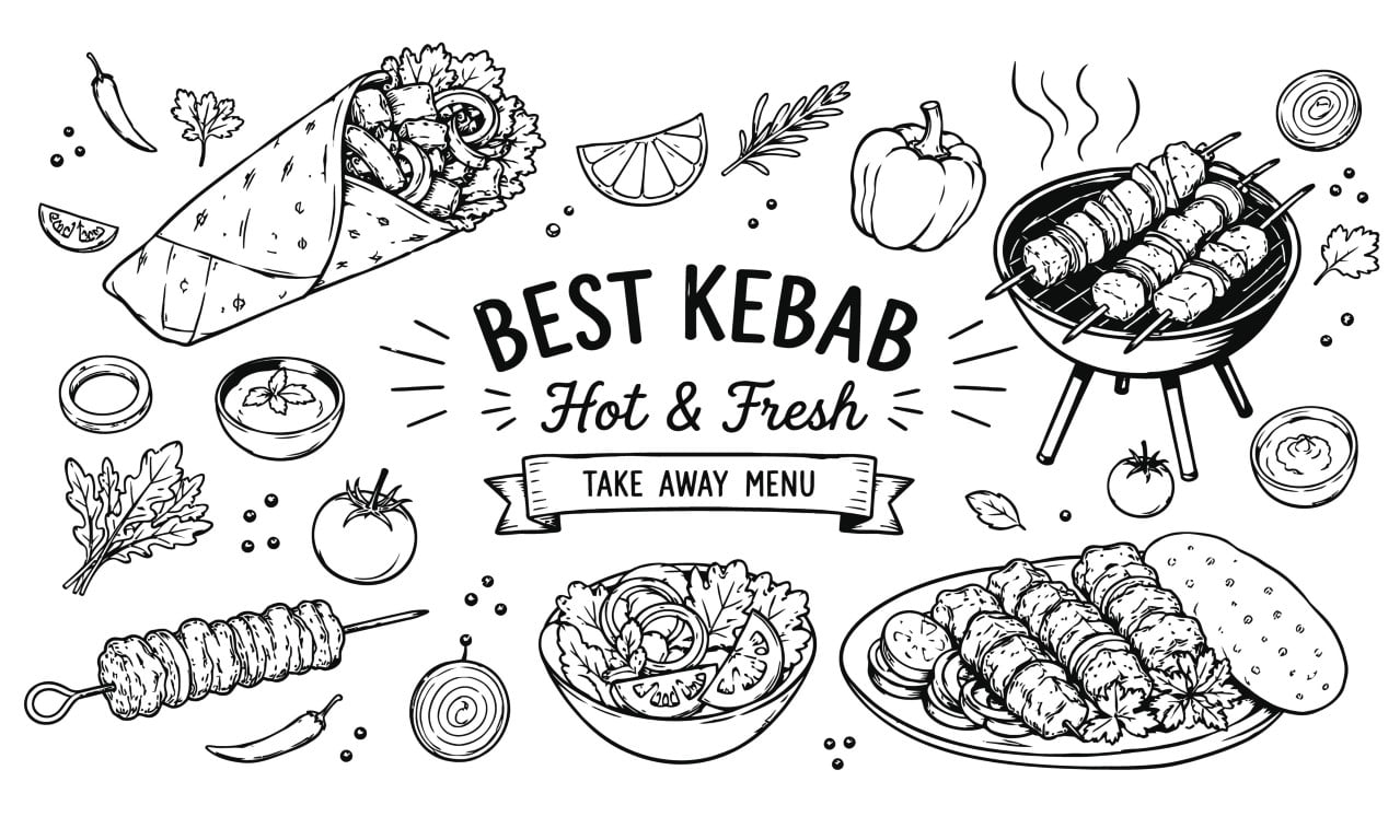 Hot and fresh barbecue grill kebab with wrap and meat skewers.