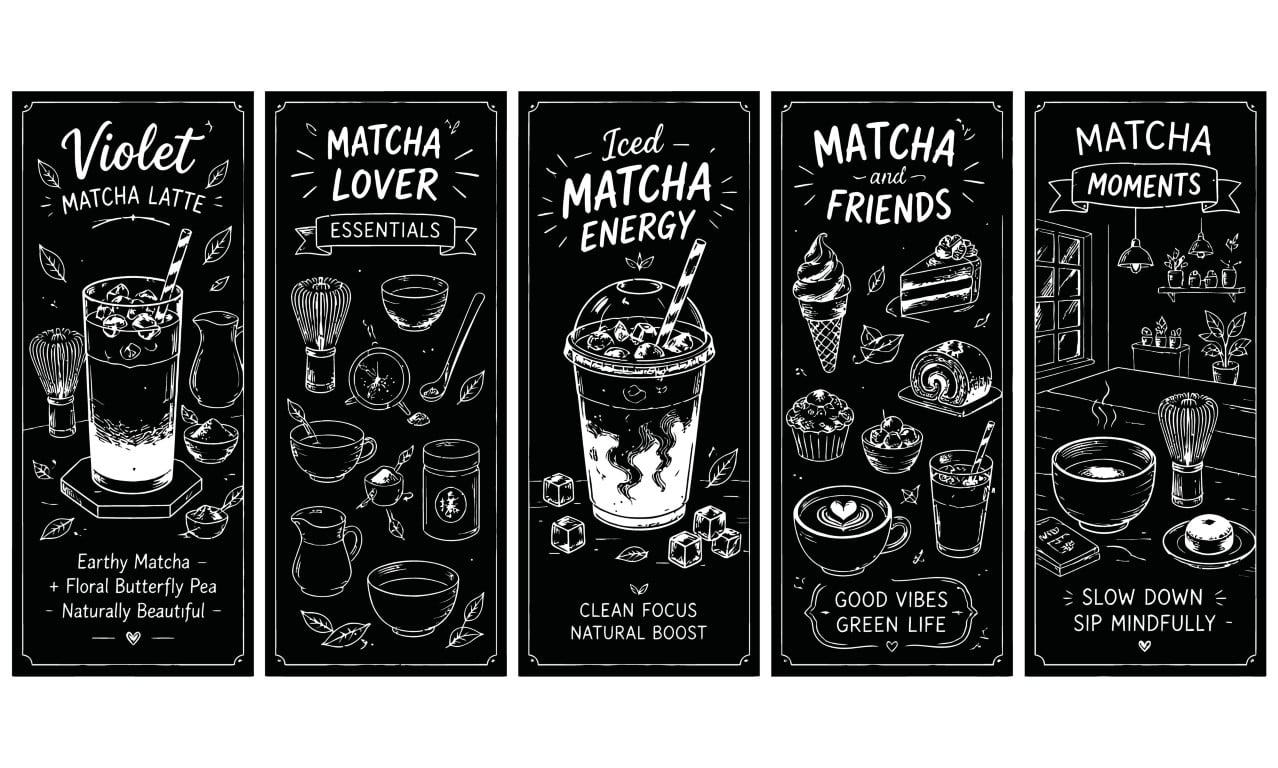 Matcha green tea vertical chalkboard posters highlighting iced lattes matcha tools accessories and healthy dessert options.