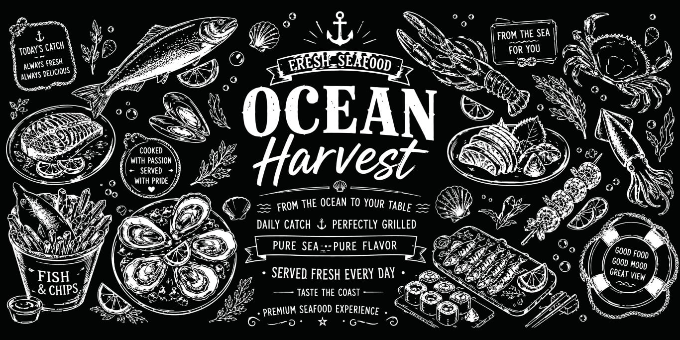 Ocean harvest premium fresh seafood horizontal chalkboard banner with hand drawn fish lobster crabs oysters and fish chips.