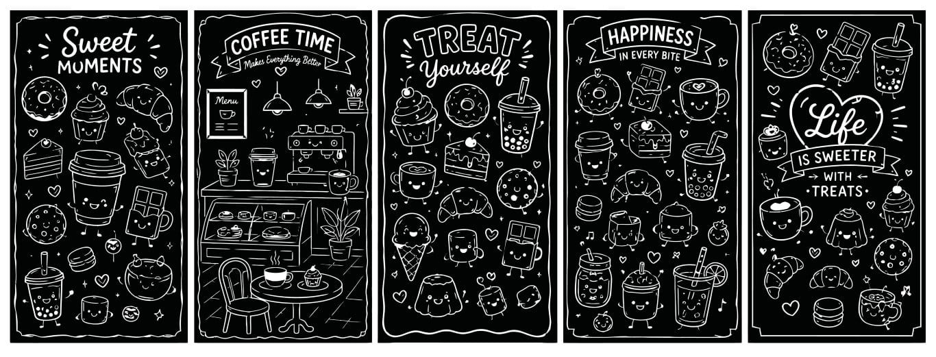 Kawaii style sweet treats and coffee shop vertical chalkboard banners with cute smiling characters on desserts.
