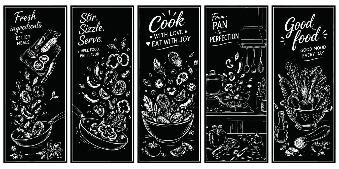 Chalkboard banners set with fresh ingredients and healthy food concepts.
