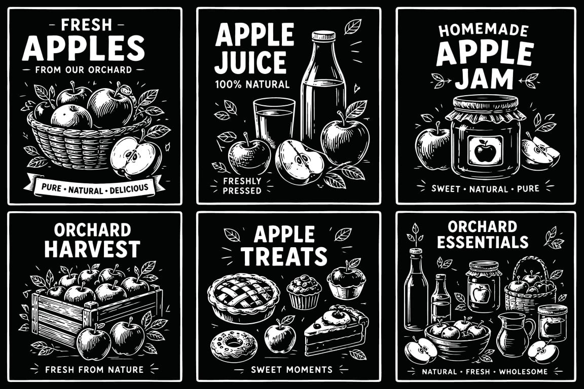 Fresh orchard apples harvest and products chalk sketch set on black labels.