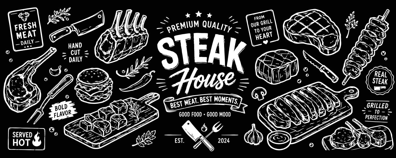 Premium quality steak house chalkboard banner with various raw and grilled meat cuts.