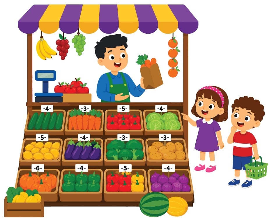 Fresh vegetable and fruit marketplace counter with vendor and children.