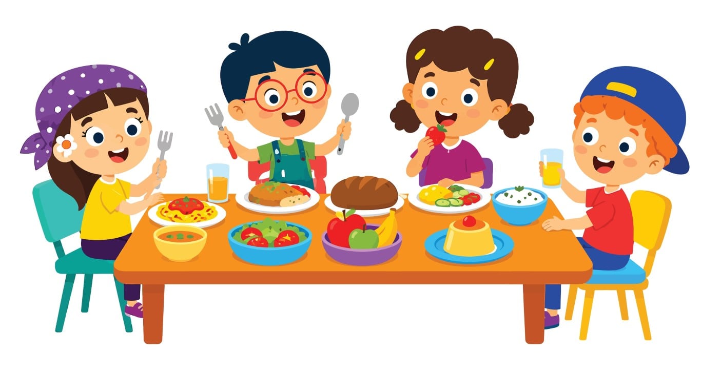 Group of cheerful children having a healthy dinner together.