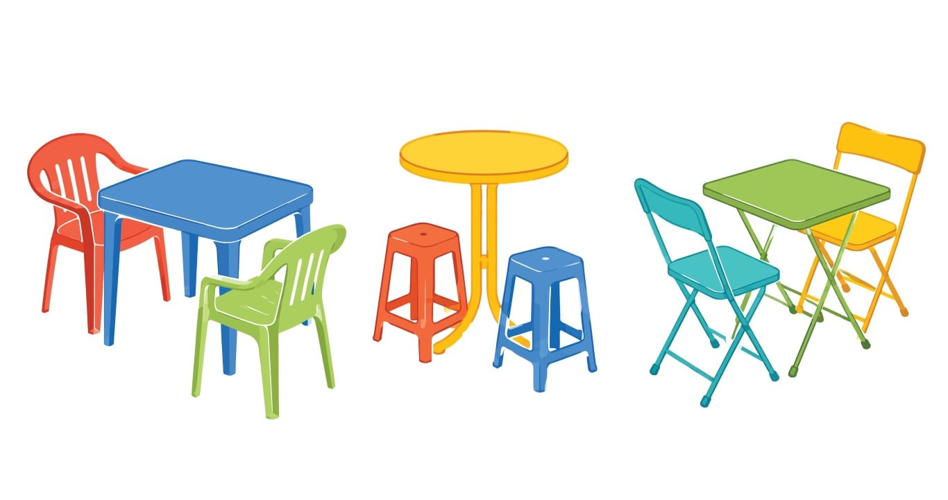 Assorted outdoor plastic and folding metal patio furniture sets.