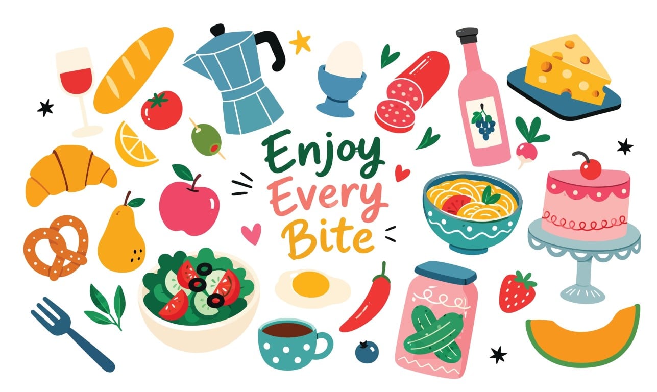 Assorted colored food and drink items arranged around text.