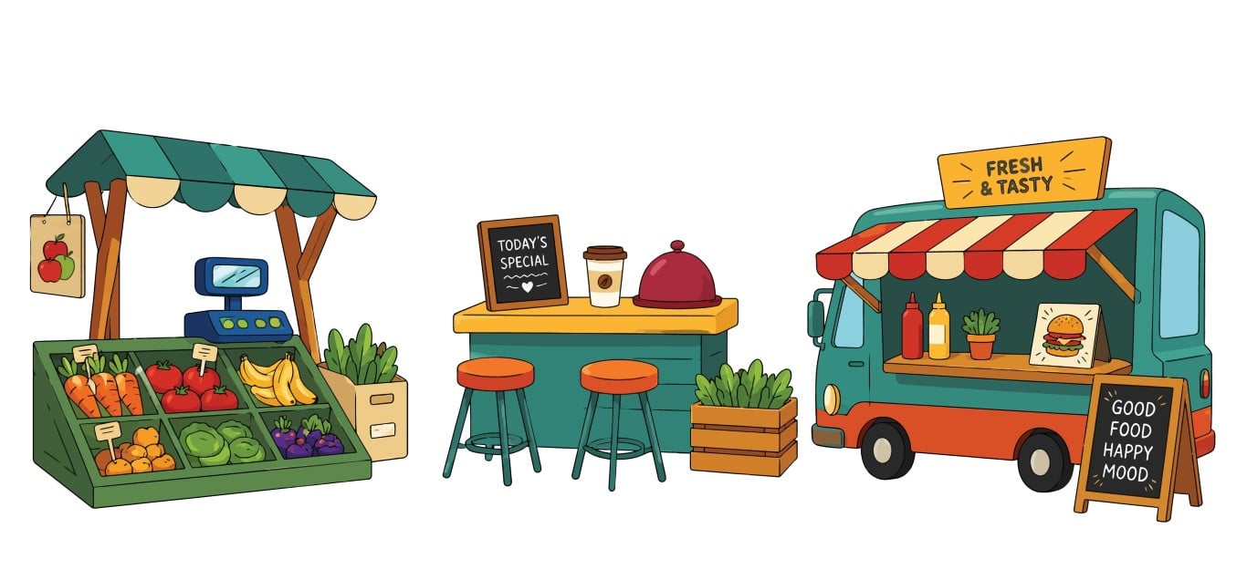 Street food market and fresh produce stalls with outdoor seating arrangement.