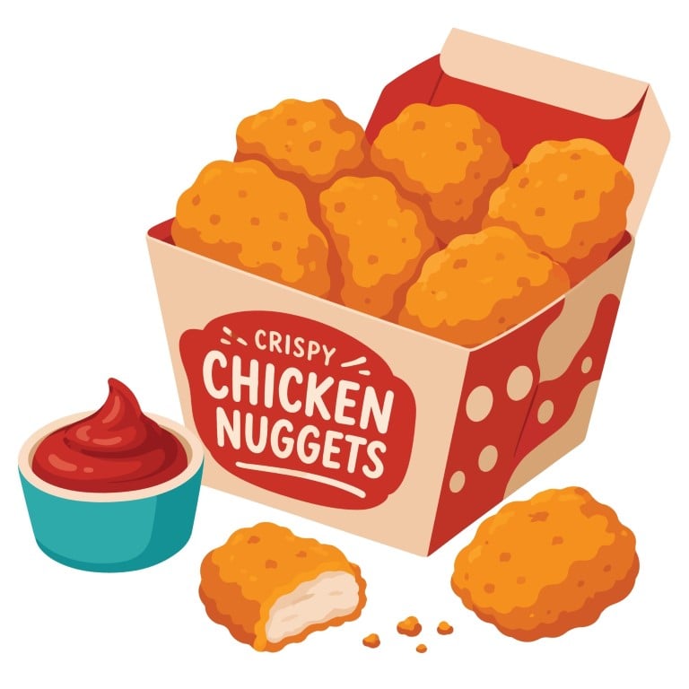 Crispy chicken nuggets in a takeaway box served with dipping sauce.