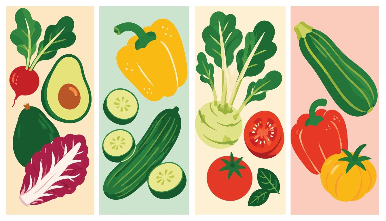 Vibrant vegetable harvest columns featuring assorted colorful organic greens.