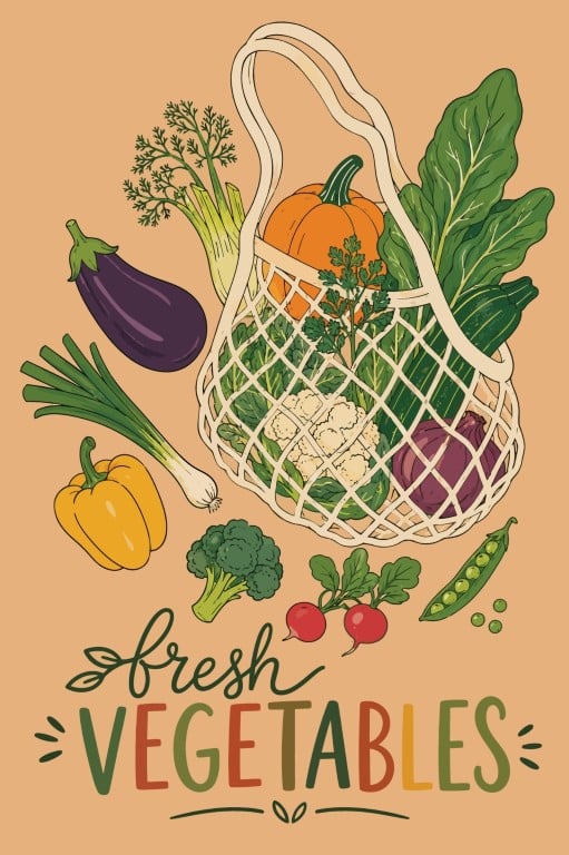 Fresh organic vegetables packed inside an eco friendly reusable mesh bag.