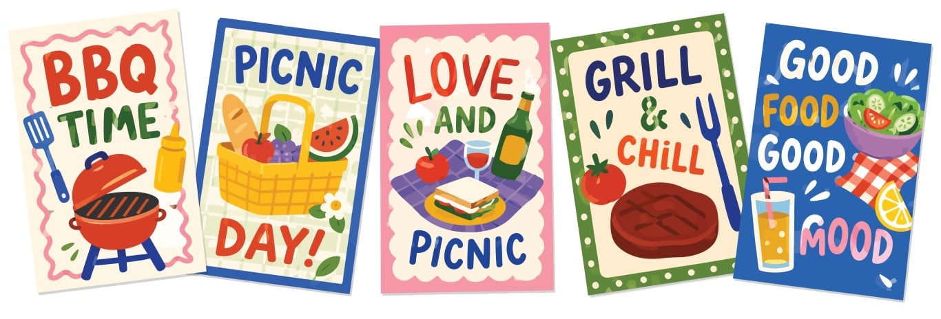 Colorful summer picnic and outdoor barbecue party poster collection.