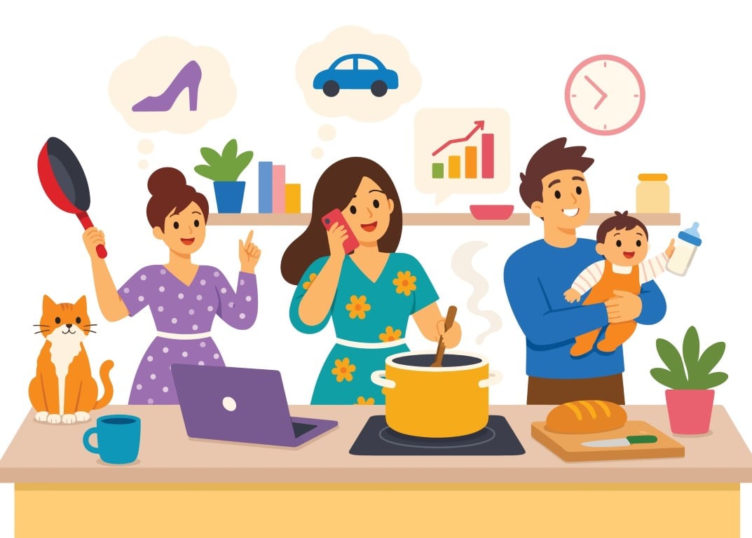 Busy Family Multitasking in the Kitchen with Cooking, Phone Calls and Childcare.
