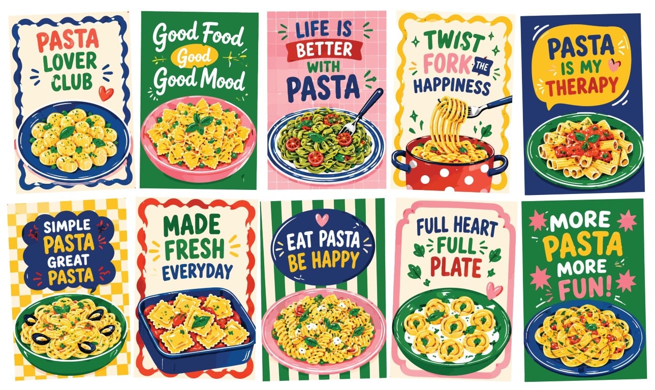Traditional italian pasta recipe and quotes posters collection.