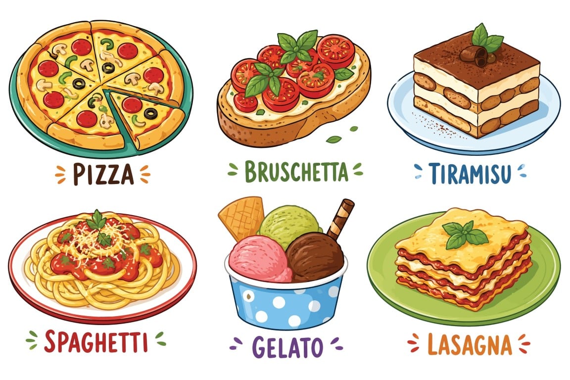 Classic italian cuisine popular dishes and dessert icons pack.