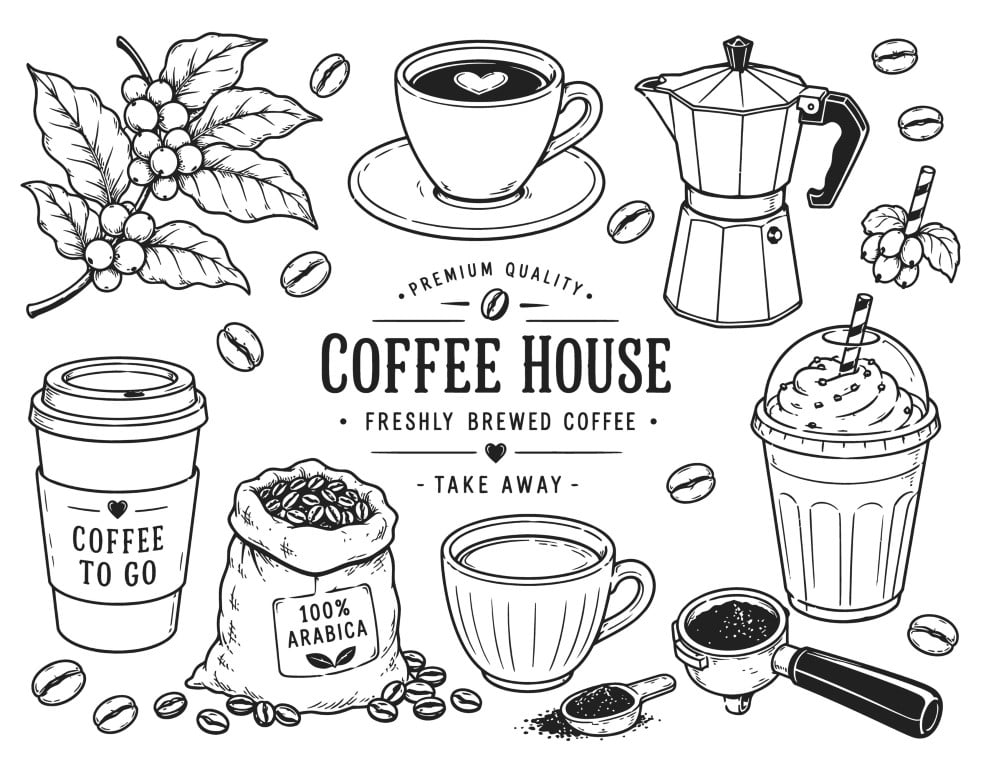 Vintage freshly brewed coffee house elements line art set.