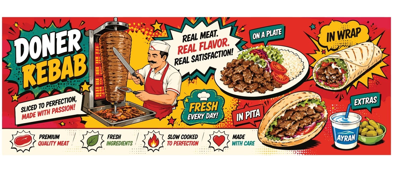 Traditional doner kebab street food banner with professional chef.