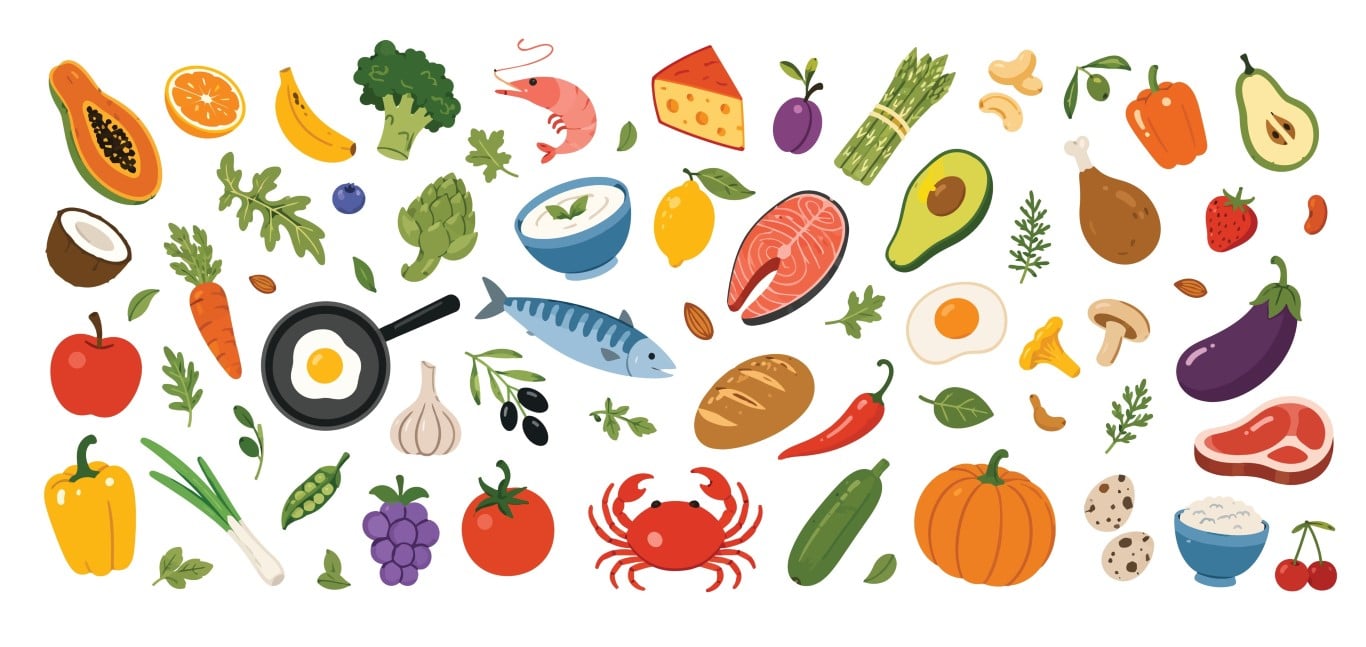 Healthy organic grocery and fresh market ingredients elements collection.