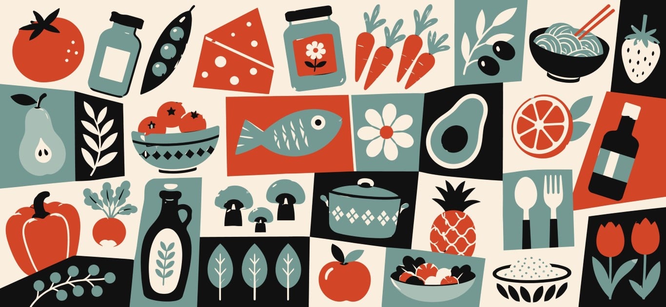 Abstract geometric kitchen pattern with fresh grocery items.
