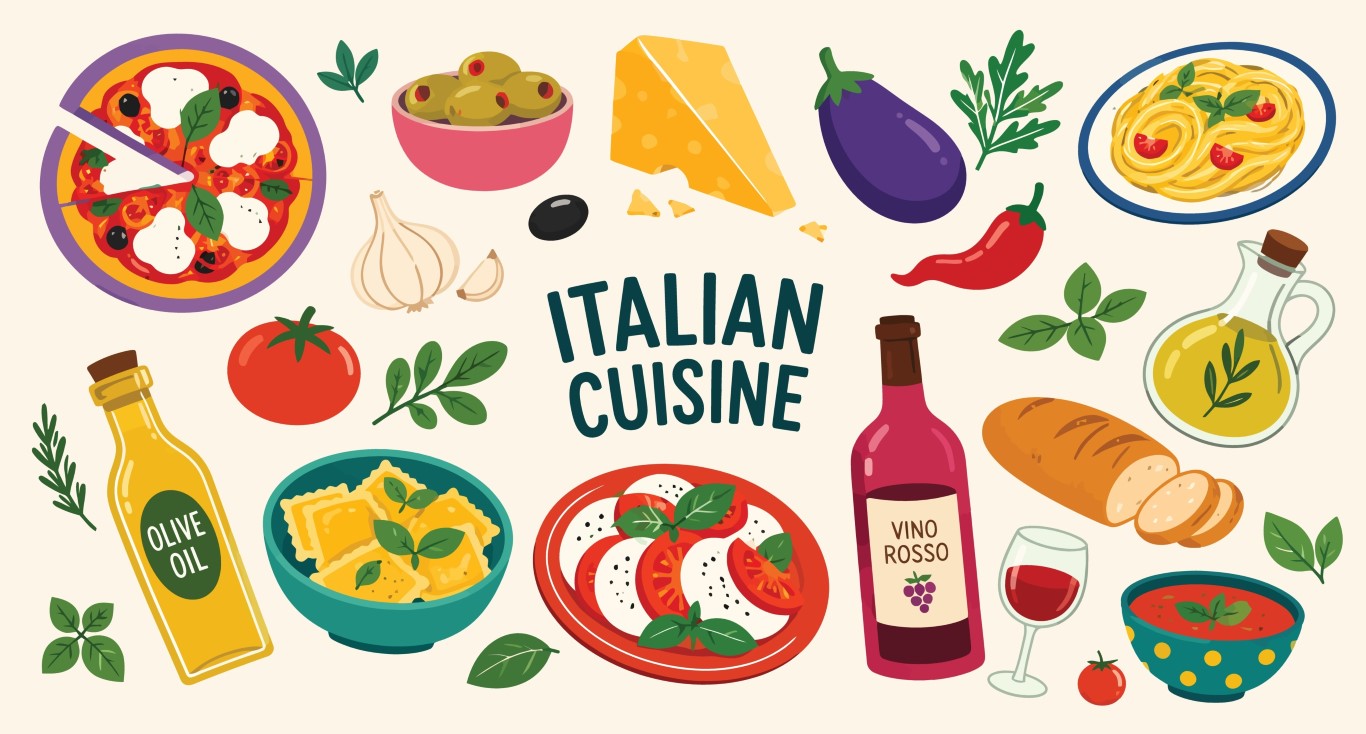 Traditional italian cuisine ingredients and famous food elements collection.