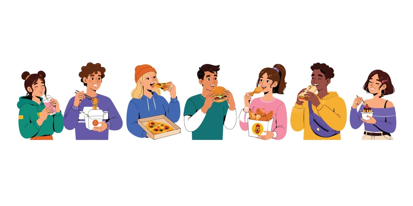 Happy diverse crowd enjoying various fast food meals together.