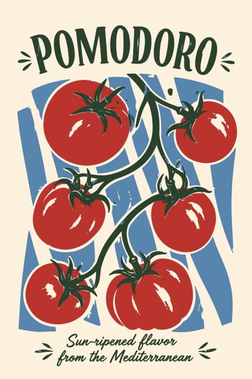 Fresh Mediterranean Tomatoes on a Branch Background Pattern.