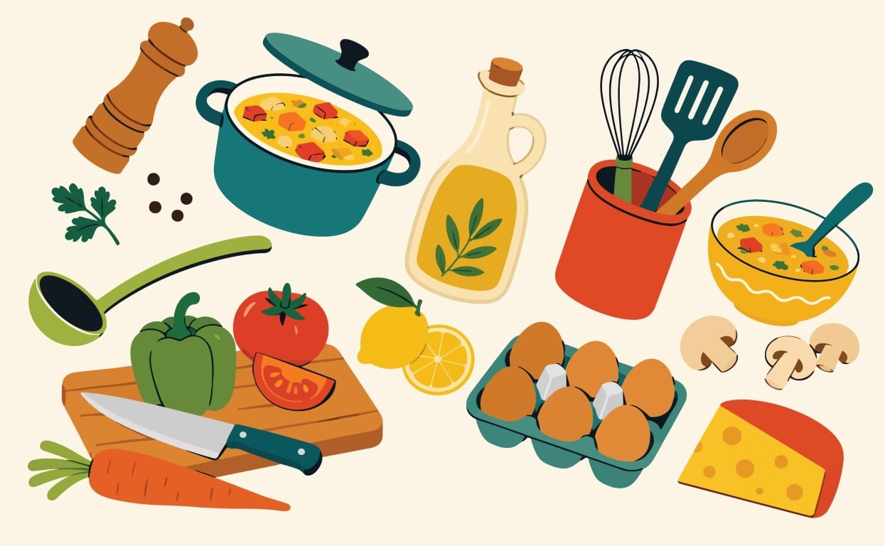 Kitchen Cooking Ingredients and Utensils Conceptual Layout.
