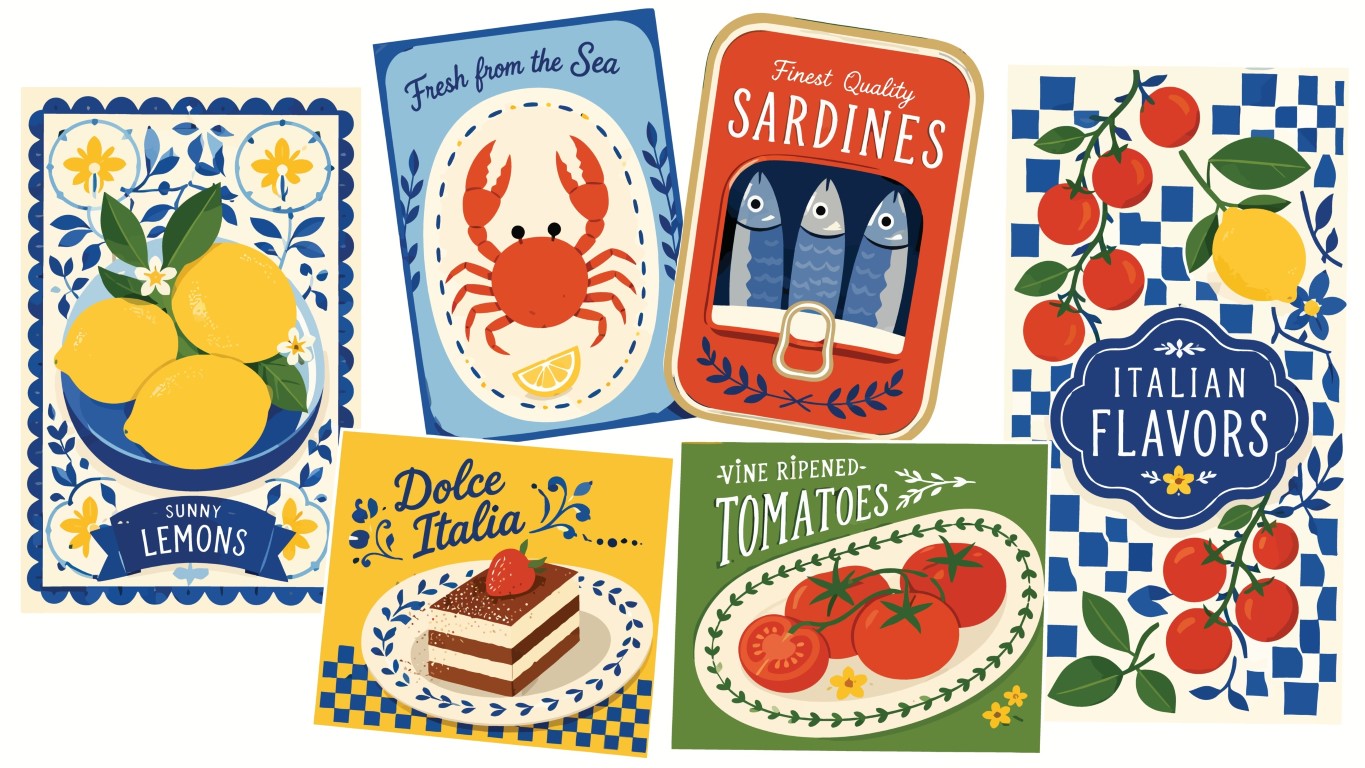 Italian Flavors and Fresh Seafood Vintage Label Set.