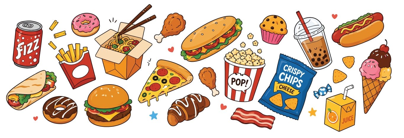 Street Food Junk Snacks and Sweet Desserts Assortment.